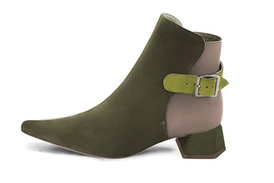 Khaki green and bronze beige women's ankle boots with buckles at the back. Pointed toe. Low flare heels. Profile view - Florence KOOIJMAN